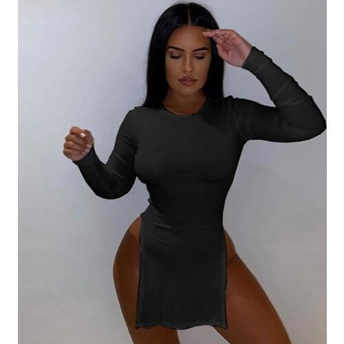 Neon Color Double Side High Split T-shirts for Women Round Neck Full Sleeve Slim Fit Tops Streetwear Elastic Hight Skinny Tee