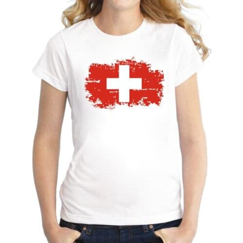 BLWHSA Switzerland Flag T shirts for Women European Switzerland Fans Cheer Top T Shirt Cotton Summer Autumn Female T-shirt White