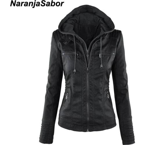 NaranjaSabor New Women Faux Leather Jacket Spring Autumn Women Basic Motorcycle Leather Jacket Female Hooded PU Outerwear NQ013