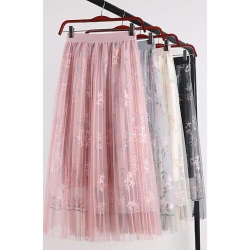 2019 Spring Women Long skirts ladies tulle Pleated skirts sweet Ladies Fashion Floral Embroidery Pleated mesh skirt falda mujer