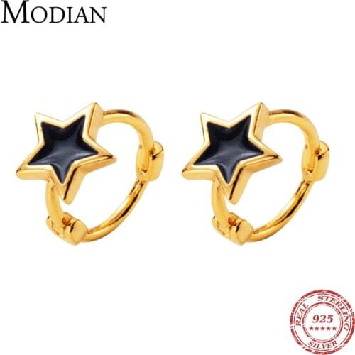 Modian Black Enamel Stars Jewelry For Girl & Women Exquisite Gold Color 925 Sterling Silver Fashion Pentagram Hoop Earrings