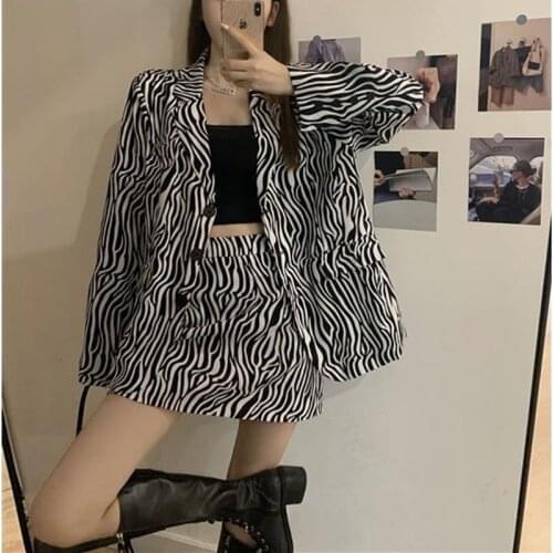 Ulzzang Zebra Womens Set Casual Blazer Jacket+midi Skirt Two Peice Set for Women Harajuku Boho Street Wear 2 Peice Sets Outfit