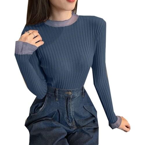 2021 Autumn New Womens Bottoming Long Sleeve Half High Neck Sweater Solid Color Flare Sleeve Elegant Pullover Thin Top