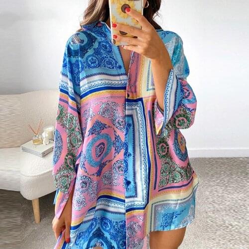 2021 Summer Long Sleeve Shirt Dress Women V Neck Y2K Print Blue Loose Beach Sexy Party Casual Green Dresses Mini Shirts Vestidos