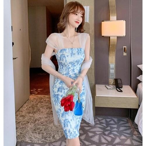 Fashion Summer Korean Retro Sexy Strapless Midi Party Dress Ladies Elegant Coffee Break Casual Slash Neck Mesh Print Beach Dress