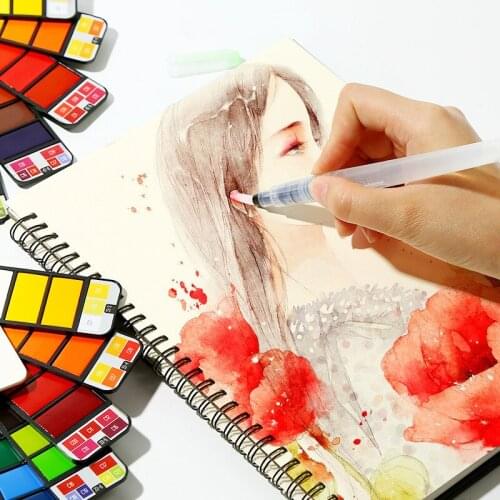 18/25/33/42 colors Fan-shaped solid watercolor paint set transparent watercolor paint fountain pen sponge With Water Brush Pen