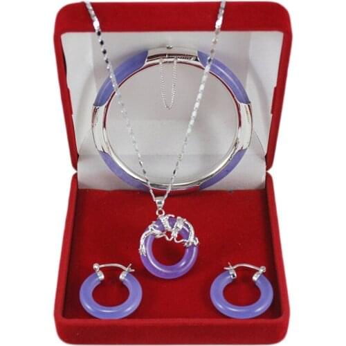 3pcs Lucky Purple Stone Pendant Necklace Bangles Earrings Jewelry Sets Anniversary For Women Mom Gift Fine Jewelry Party Fashion
