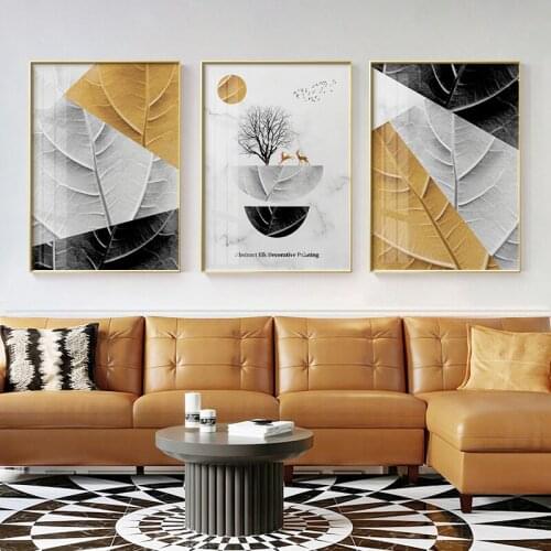 Abstract Yellow White Black Leaves Canvas Painting Nordic Posters and Prints Elk Tree Wall Art Pictures for Living Room Decor