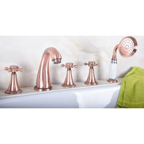 Antique Red Copper Five Hole Deck Mount Bathroom Tub Faucet Set with Handheld Shower Spray Head Mixer Tap Dtf200