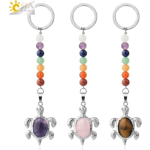 CSJA Natural Stones Keychains 7 Chakra Chain Silver-color Sea Turtle Pendant Oval Bead Tortoise Keyring for Car Bag Jewelry G349