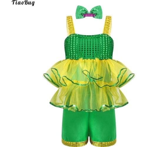 Kids Girls Modern Dance Performance Costume Straps Sleeveless Sequins Layered Mesh Adorned Short Jumpsuit With Bowknot Hairpin