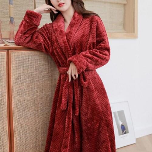 Winter Fashion Women Solid Color Thicken Plush Long Sleeve Bathrobe Sleepwear Warm Nightgown Christmas Gift For Women Friend
