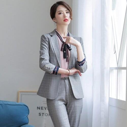 IZICFLY Spring Autumn New Style Gray Plaid 2 Piece Sets Womens Outfits Business Slim Office Blazer Pant Suits Work Wear