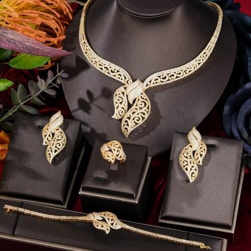 KellyBola Exclusive Design Gorgeous Cubic Zirconia Necklace Earrings Bangle Ring Jewelry Set Dubai African Bridal Wedding 4PCS
