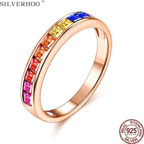 SILVERHOO Ring For Women 925 Sterling Silver Variety Inlay Colorful Zirconia Rings Rainbow Style Engagement Gift Fine Jewelry