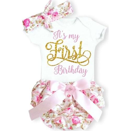Newborn Baby Girls Clothes Set My 1st Birthday Party Outfit For Infant Christening Gown Romper Flower Short Headband 3Pcs 1 Year