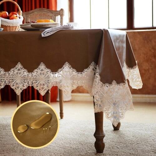 PU Leather Square Tablecloth Waterproof Rectangular Dining Coffee Table Cover Party Kitchen with Lace Oil Proof Soft Home Decor