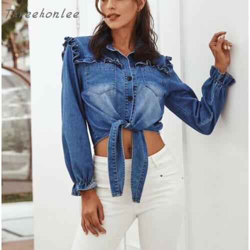 Fashion New Womens Denim Shirt 2021 Summer Sexy Casual Ruffle Wash Denim Temperament Shirt Womens Top