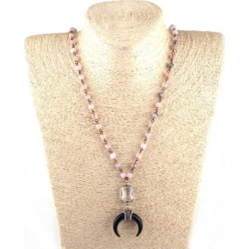 MOODPC Fashion Bohemian Tribal Jewelry Pink Stone Rosary Chain White Crystal link black Ox Horn Pendant Ethnic Necklace