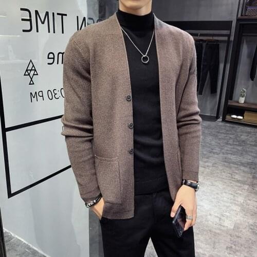 Autumn New Cardigan Men Clothing Fashion 2020 Button Decor Korean Sweater Men Front Pocket Loose Casual Mens Cardigan