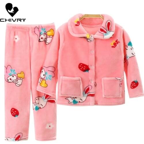 New 2020 Kids Boys Girls Autumn Winter Warm Flannel Pajama Sets Cartoon Print Lapel Tops with Pants Sleeping Clothing Sets