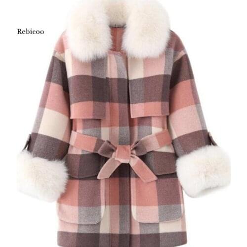 Fur Collar Coat Fake Raccoon Fur New Korean Version Of Autumn Woolen Coat Plaid Coat Slim Woolen Coat