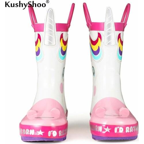 KushyShoo Childrens Rain Boots Girl 3D Unicorn Rubber RainBoots Kids Rain Boots Waterproof Cartoons Toddler Water Shoes