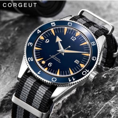 Blue Nologo Fashional Self Winding Men Watch Rotating Bezel Sapphire Glass Nylon Strap ST Movement