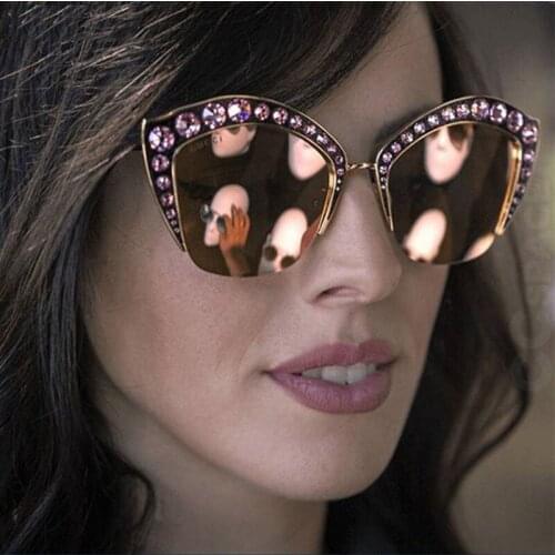Veshion Half -FrameDiamond Cat Eye Sunglasses For Women Transparent Frame Brand Glasses Designer Fashion Female Shades
