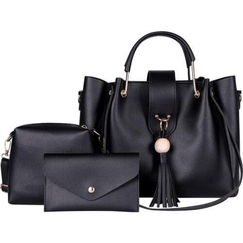 3pcs/set Pure Color Shoulder Handbag Elegant Lady PU Leather Tassel Crossbody Bag Fashion Large Capacity Tote