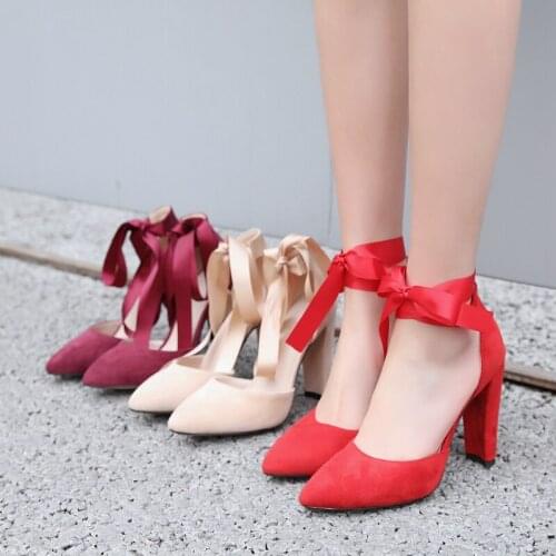 ORCHA LISA New Arrival Summer Ankle Lace Up High Heels Pumps Pointed Toe Covers Heel Wedding Dress Shoes Large Size 45 46 Red