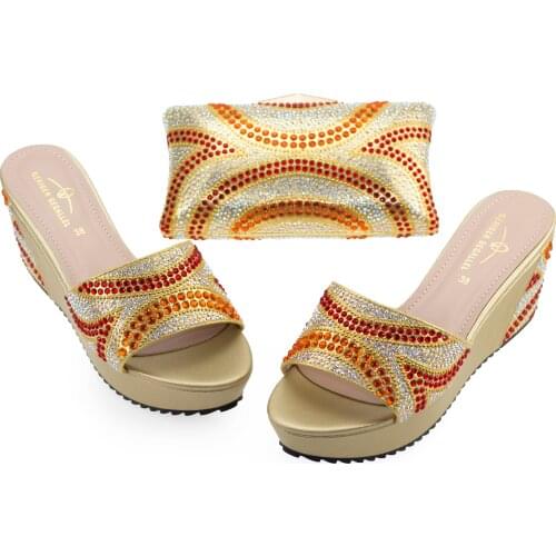 Golden Bling Wedge Shoes with Matching Purse Set Black Rhinestone Women Slides with Handbag Clutch Purse Party Shoes and Bag Set