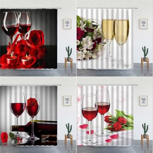 Red Wine Glass Print Shower Curtains Creative Personality Rose For Bathroom Decor Polyester Fabric Cheap Bathtub Screen Hooks