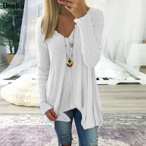 Umeko 2020 Autumn Casual Womens Long Sleeve Shirts Deep V-Neck Irregular Knitted Tops Shirts Solid Slim Sexy Pullovers Shirts