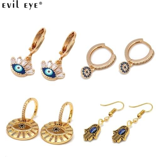 EVIL EYE Flower Fatima Hand Blue Zircon Turkish Evil Eye Dangle Drop Earrings Gold Color Small Earrings Jewelry for Women Female