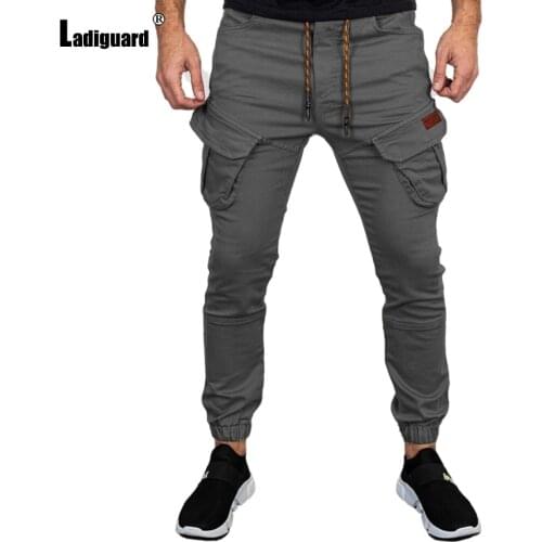 Ladiguard Plus Size Men Cargo Pants with Pockets Slim Drawstring Trouser Mens Fashion Hip Hop Sweatpants Sexy Men Clothing 2021