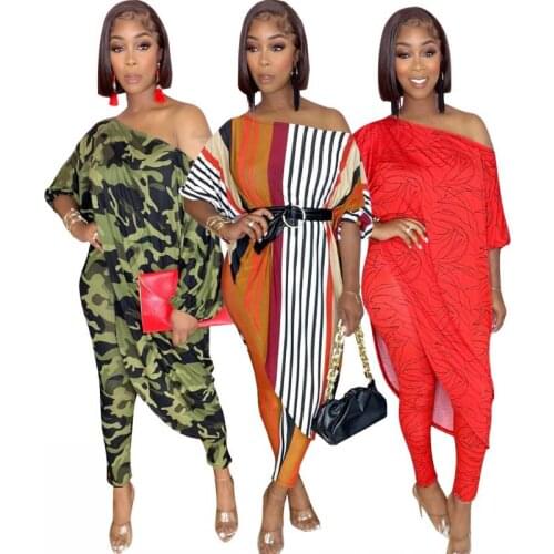2 Piece Set Women Autumn Striped Camouflage Irregular T-Shirts Top + Elastic Waist Long Pants Women Sets Sexy African Clothing