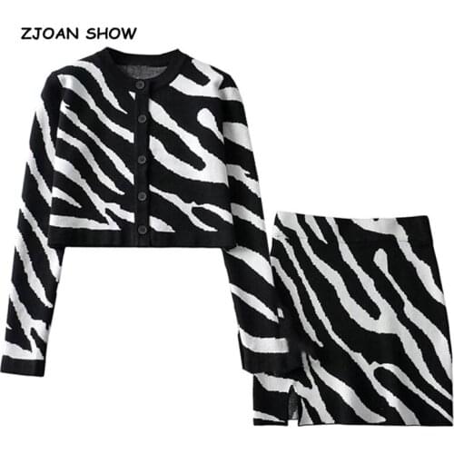 2020 Autumn Retro Contrast color Zebra Cardigan Korea Single-breasted Button Knitted Sweater Package Hips Mini Skirt 1 Set