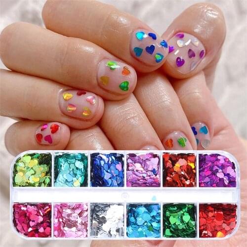12 Grids Sweet 3D Colorful Love Heart Nail Glitter Sequins Rose Gold Silver Shining Laser Nail Art Paillette Manicure Decoration