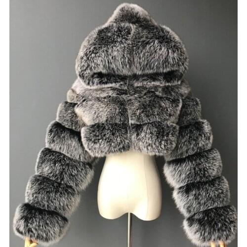 2020 Warm Furry Cropped Faux Fur Coats and Jackets Women Fluffy Top Coat with Hooded Winter Fur Jacket