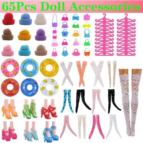 65Pcs Barbies Clothes Accessories FreeShipping=20Shoes+20Hangers+10Bags+5Socks+5Hats+5Swimming Ring For Barbie Doll Clothes Toy