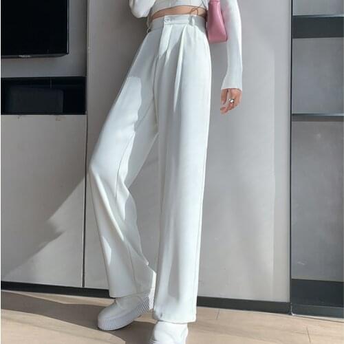 Pants Women Casual Wide Leg Solid High Waist Straight Pants Autumn Loose Button Up Office Pant Soft Side Pockets Ladies Trousers