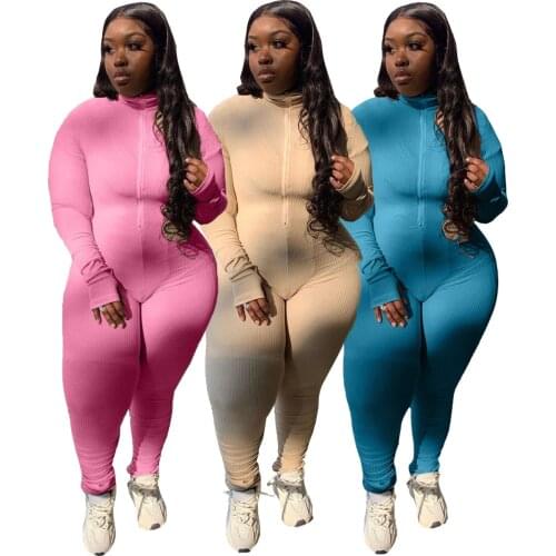 Rompers Womens Jumpsuit Solid Zipper Full Length Bodysuits Elasticity One Piece Jumpsuits 2020 Autumn Winter Clothing Plus Size