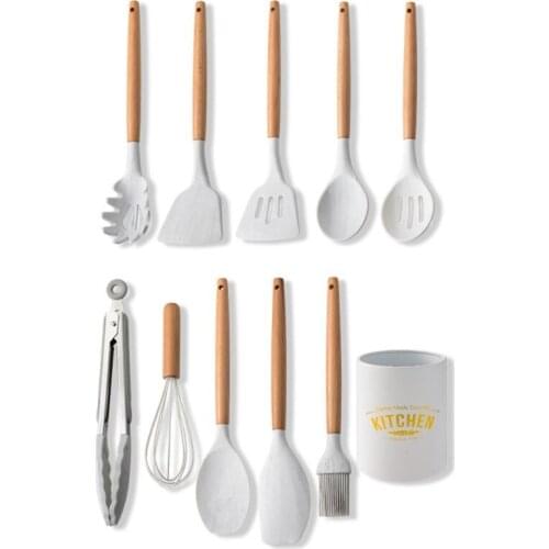 11pcs Marble Silicone Kitchen Utensils Set with Wooden Handle Spatula Spoon Cook 27RE