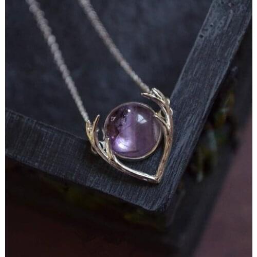 Amethyst Crystal Necklace -Purple Dusk,Silver plated Antler Pendant,Gemstone Pendant,Deer Princess,Gift for Her,Gift for Women