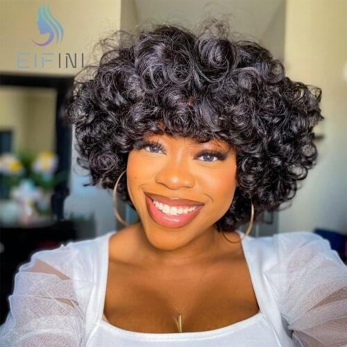 Short Loose Wave Wigs Brazilian Wavy Human Hair Wigs For Black Women Remy Bob Wig With Bang Full Machine Made Wigs Natural Color