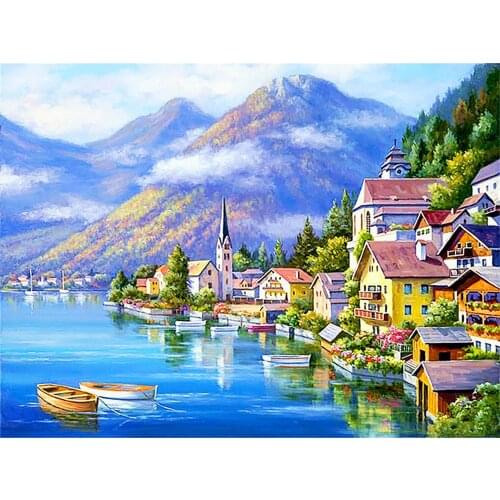 Landscape Town Seaside DIY Cross Stitch Embroidery 11CT Kits Craft Needlework Set Cotton Thread Printed Canvas Wholesale