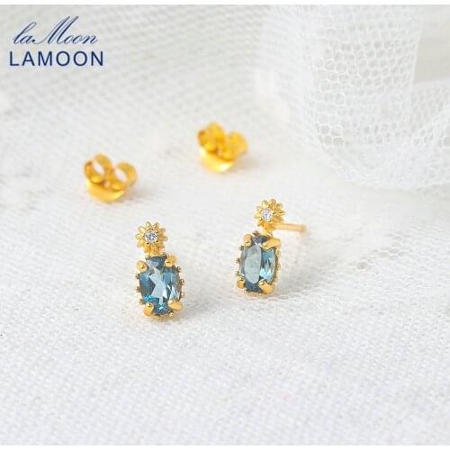LAMOON Vingtate 925 Silver Stud Earrings For Women Natural London Blue Topaz Mini Earring 14K Gold Plated Fine Jewelry LMEI127