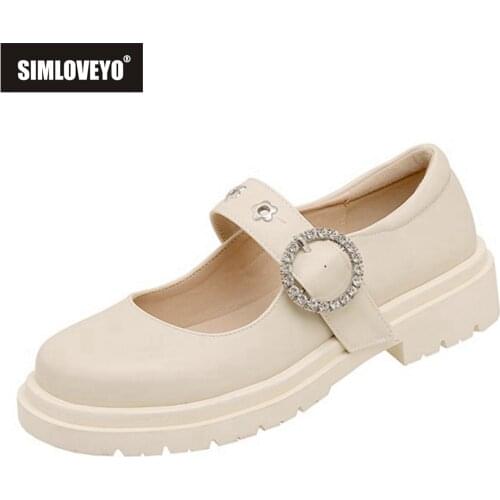 SIMLOVEYO 2021 Spring and Autumn New Womens Flat Shoes Ladies Leather Shoes Casual Buckle Shoes Ladies Fashion All-match Shoes