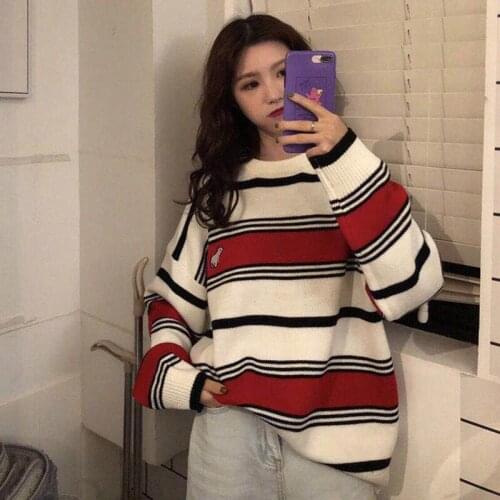 Striped Women Kawaii Ulzzang Vintage Style round neck College Loose Clouds Sweater Female Korean Punk Thin Cute Loose Harajuku